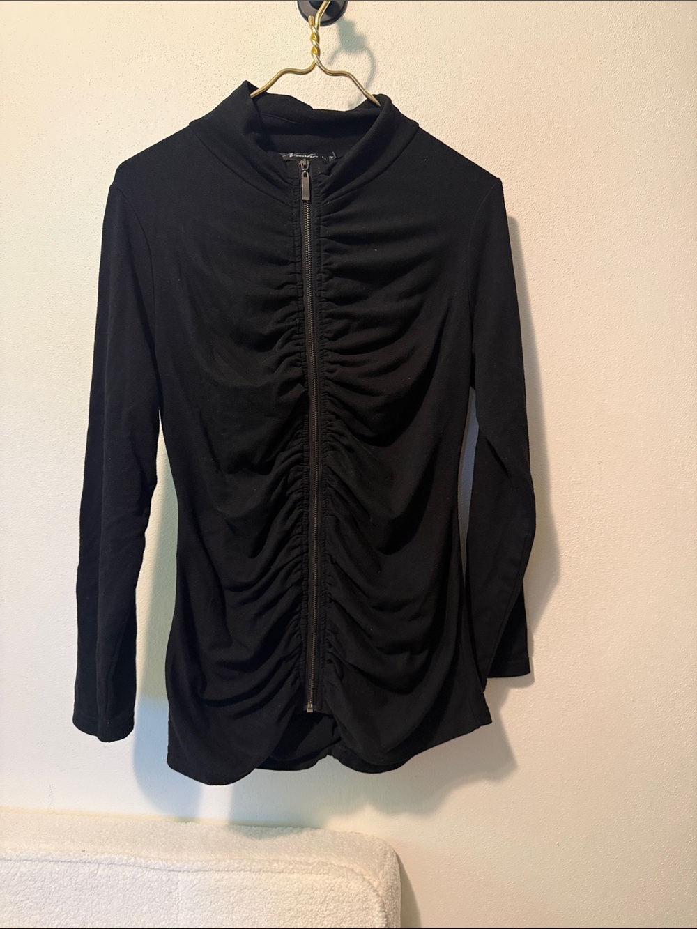 Neesha Black Ruched Zip-Front Long Sleeve Top
